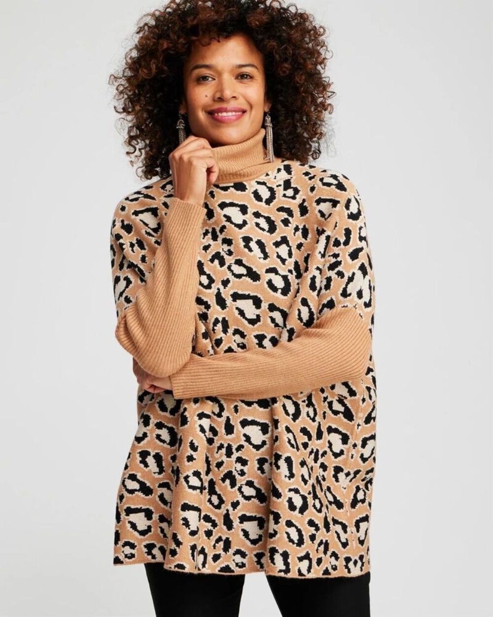 Chico's Animal Print Turtleneck Pullover Sweater Women's S/M Oversized Mob Wife